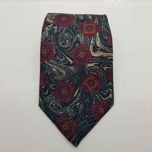 Liberty of London silk tie dark green swirls with red medallions